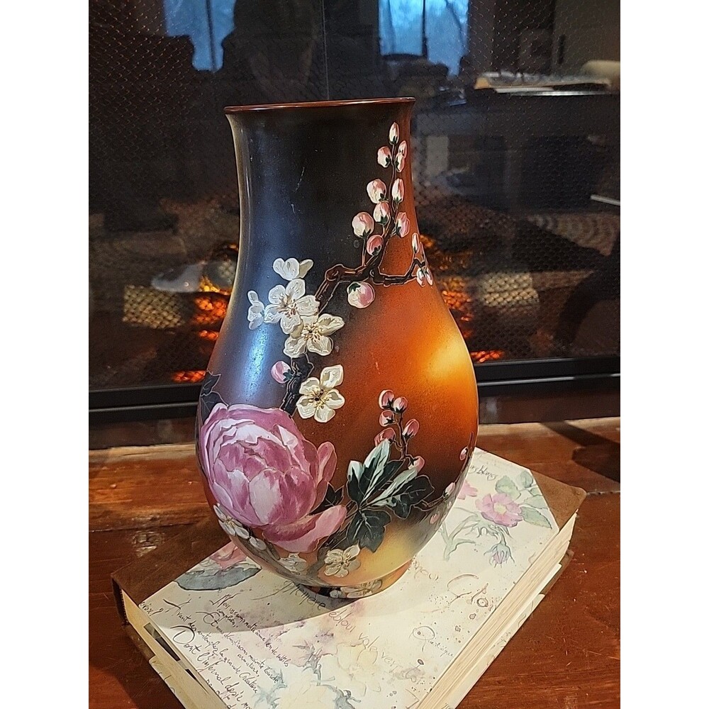 Vtg Large 12.5" Pink Cabbage Rose Cherry Blossom Ombre Sunset Orange Brown Vase